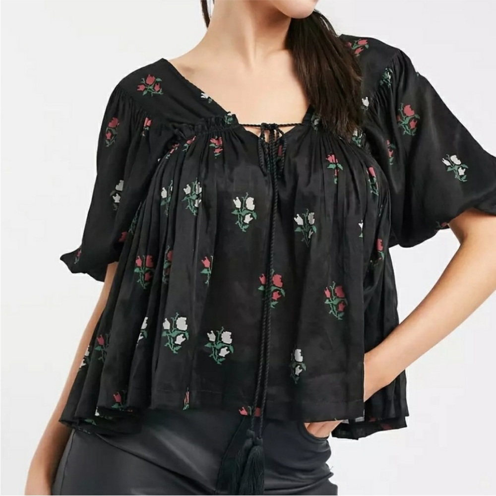 ASOS BabyDoll Dress Blouse Ruffle Tie Up Kawaii Lolita Puffed Sleeve Floral Boho